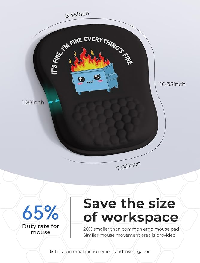Funny Dumpster on Fire Ergonomic Mouse Pad for Carpal Tunnel Pain Relief 65% Usable Mouse Area Memory Foam Concave Wrist Rest for for Office PC Gaming