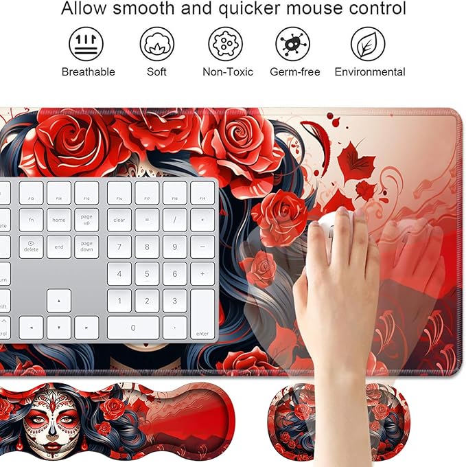 4 in 1 Ergonomic Keyboard Wrist Rest &amp Mouse Pad Wrist Rest Set Large XXL Gaming Desk Mat 31.5x 11.8 with Non-Slip Base Memory Foam for Home Office Study Gaming Sugar Skull Girl Roses