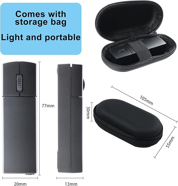 Wireless Bluetooth Mouse Mini 3-Mode (BT4.0/5.0+2.4G) Noiseless Rechargeable Travel Mice with Mouse Case 3 Buttons 1200 DPI Ultra Lightweight Portable Wireless Mice for Desktop Laptops PC（Black）