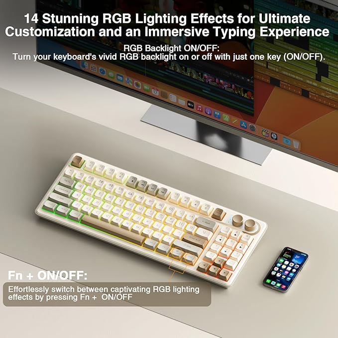 SOLAKAKA SK90 75% Wireless Gaming Keyboard - 4000mAh Tri-Mode (BT5.0/2.4G/USB-C) Cute Creamy Gaming Keyboard with Number Pad Media Knob RGB Backlit Quiet Keys Silent Office Keyboards for PC MAC