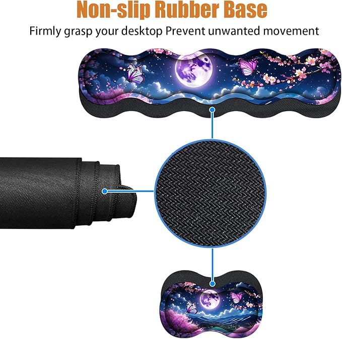 4 in 1 Ergonomic Keyboard Wrist Rest &amp Mouse Pad Wrist Rest Set Large XXL Gaming Desk Mat 31.5x 11.8 with Non-Slip Base Memory Foam for Home Office Study Gaming Moon Cherry Blossom Butterfly