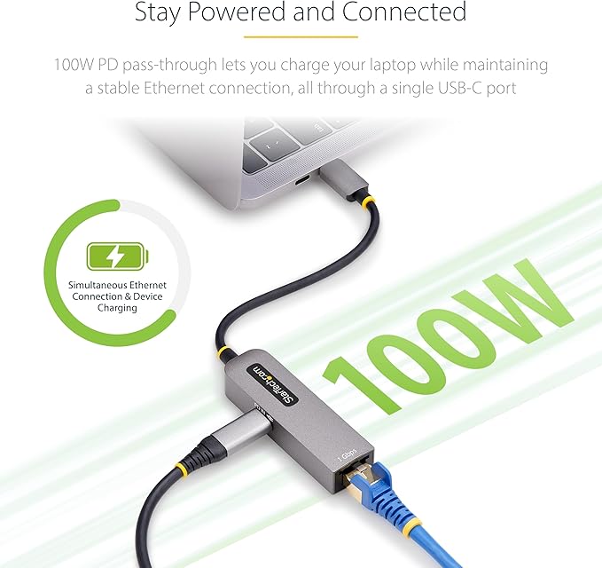 StarTech.com USB-C to Ethernet Adapter 100W PD Pass-Through NIC USB 3.0 Type-C 1Gbps Multi Speed Network Windows &amp Mac