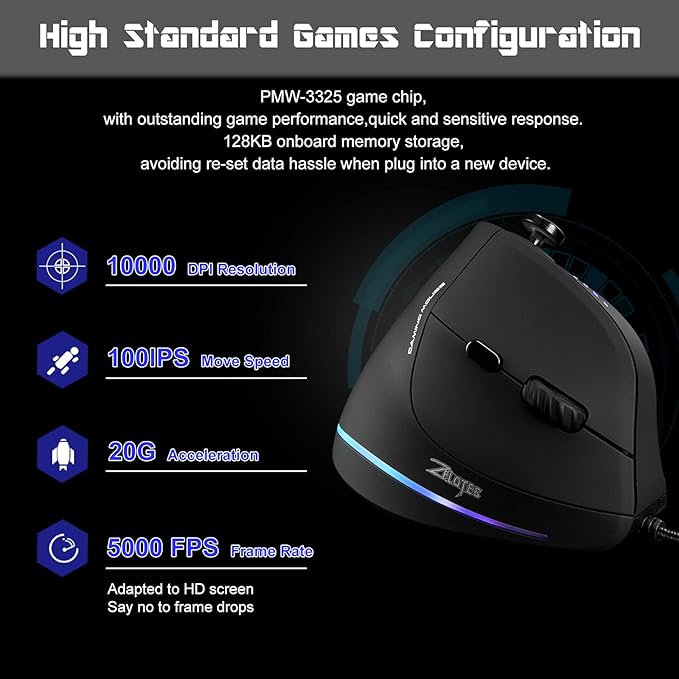 TRELC Gaming Mouse with 5 D Rocker Ergonomic Mouse with 10000 DPI/11 Programmable Buttons Vertical Gaming Mice Wired for PC/Laptop/E-Sports/Gamer (Black)