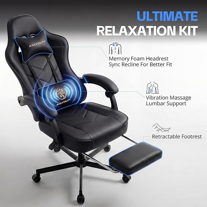 Desk Computer Gaming Chair - High Back Ergonomic Office Chair with Footrest and Lumbar Support Swivel Comfy Home Gamer Video Game Chairs with Pocket Spring Cushion for Adults (Black Leather)