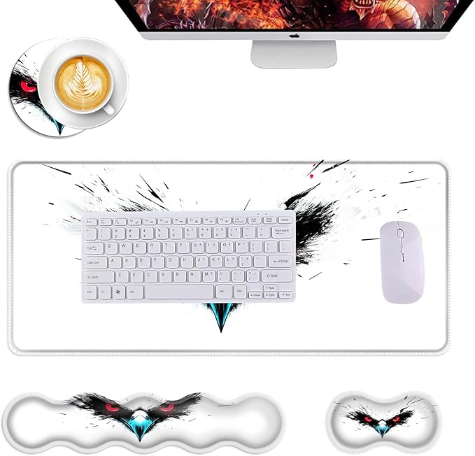 Mouse PadLarge Desk Mat Set 4in1 XL Mousepad + Keyboard Wrist Rest+Mouse Wrist Rest+Coaster with Ergonomic Desk Pad for Home Office Table Computer Cover -Eagle with Red Eyes