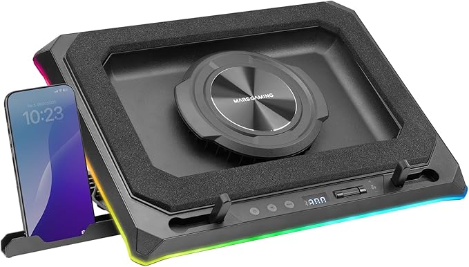 Mars Gaming MNBC Ultra Cooling Base and Stand 140 mm Fan CoolCore Airflow Technology RGB Chroma 5 Positions Compatible with Laptops up to 18 Inches Smartphone Holder 4 x USB-A Black