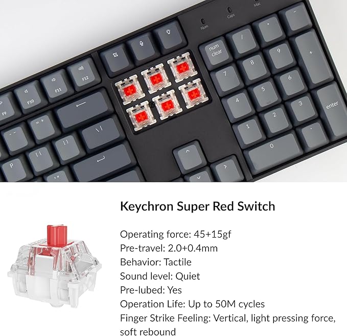 Keychron K10 Full Size 104 Keys Bluetooth Wireless/USB Wired Mechanical Gaming Keyboard for Mac with Keychron Super Red Switch/RGB Backlight/Multitasking Computer Keyboard for Windows Aluminum Frame