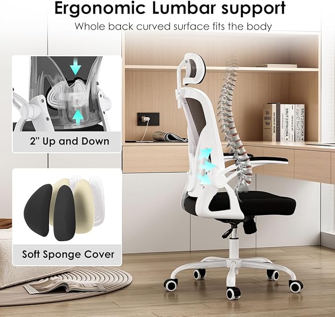 Ergonomic Office Chair with Adjustable Headrest and Flip-Up Armrests - High Back Mesh Computer Desk Chair with Lumbar Support for Home Office Gaming and Study (Black &amp White Model E)