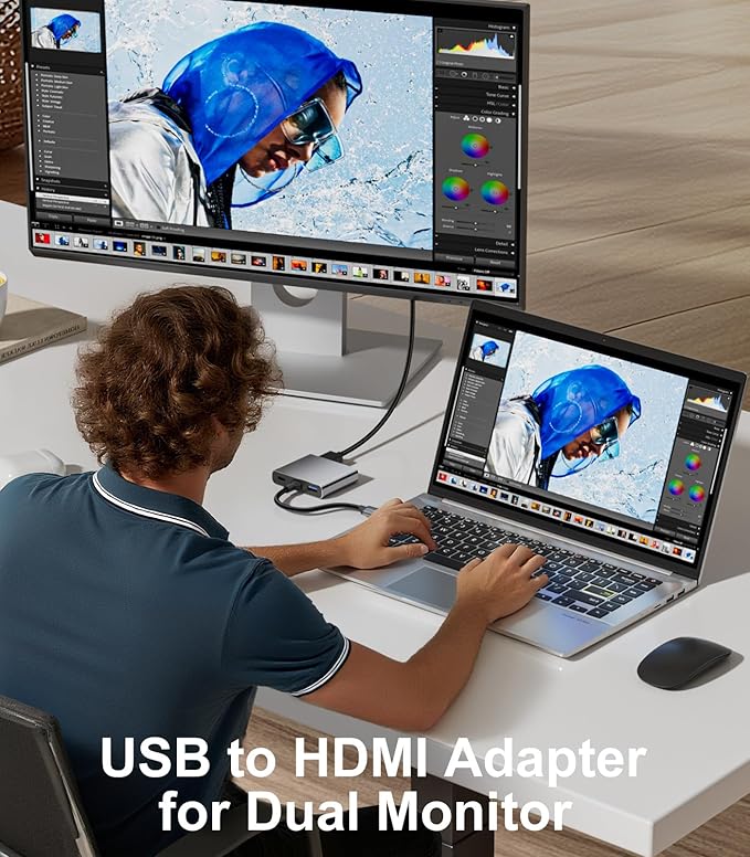 4 in 1 USB to Dual HDMI Adapter 1080P 60Hz USB A 3.0 to HDMI Adapter for Laptop PC Desktop Compatible with Mac OS Windows 7/8/10/11 - Requires Driver Installation