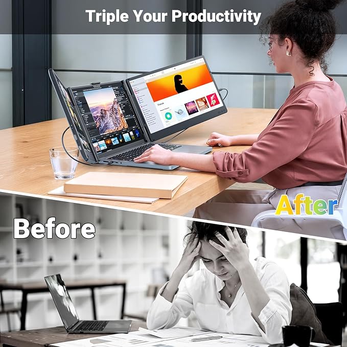 Ygretyrjh Laptop Screen Extender 14 Triple Portable Monitor for Laptop 1080P FHD IPS Screen Extender Monitors for 13-17 Travel Monitor for Mac/Windows/Chrome Built-in Speakers