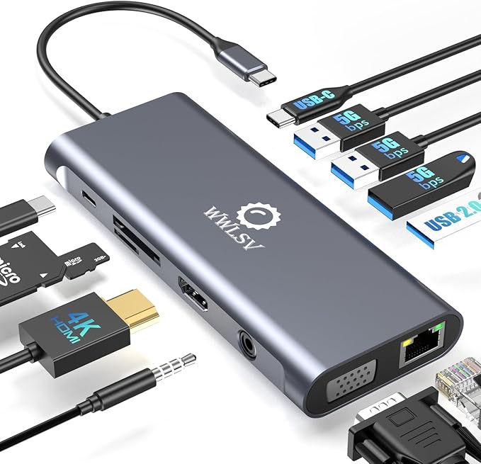 Laptop Docking Station 12-in-1 USB C Hub – HDMI 4K@60Hz (Single Display) Dual Display HDMI + VGA (1080p Shared Bandwidth) 100W PD Ethernet USB 3.0 SD/TF Audio for MacBook Dell HP Lenovo