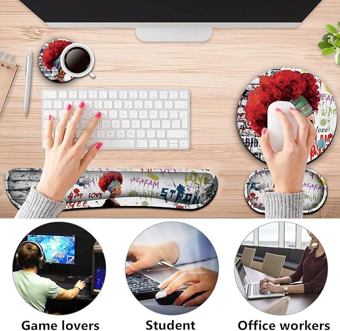 Keyboard Wrist Rest +White Mouse Pad + Mouse Wrist Rest Support Set+ Coaster Ergonomic Memory Foam4Pcs Keyboard Mouse Pad Set for Computer Home &amp Office African Woman Graffiti Girls