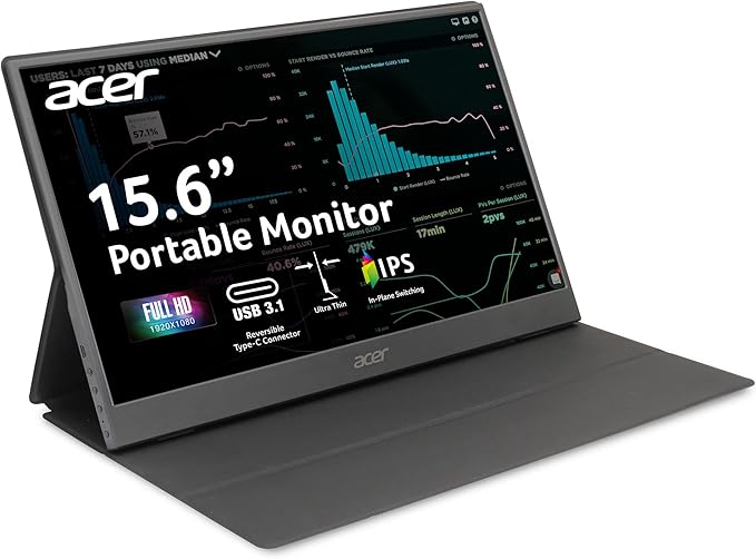 acer Portable Monitor PM161Q Abmiuuzx 15.6 Full HD 1920 x 1080 IPS Ultra Slim Design Premium Cover I External Monitor for Laptop PC Mac I 2 x USB 3.1 Type-C Ports 1 x Mini HDMI 1 x Micro USB