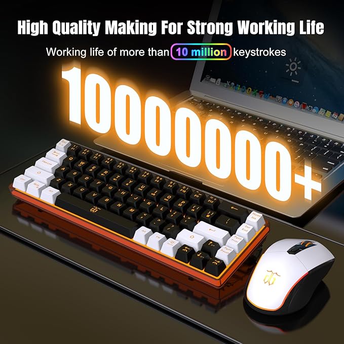 Snpurdiri 60% Wireless Gaming Keyboard and Mouse ComboOrange Backlit Rechargeable 2000mAh BatteryMini Mechanical Feel Anti-ghosting Keyboard + Popular RGB Mice for Gaming Office(Black-White)