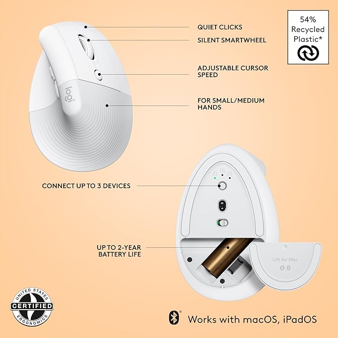 Logitech Lift for Mac Wireless Vertical Ergonomic Mouse Bluetooth Quiet Clicks Silent Smartwheel 4 Customizable Buttons for macOS/iPadOS/MacBook Pro/MacBook Air/iMac/iPad - Off White