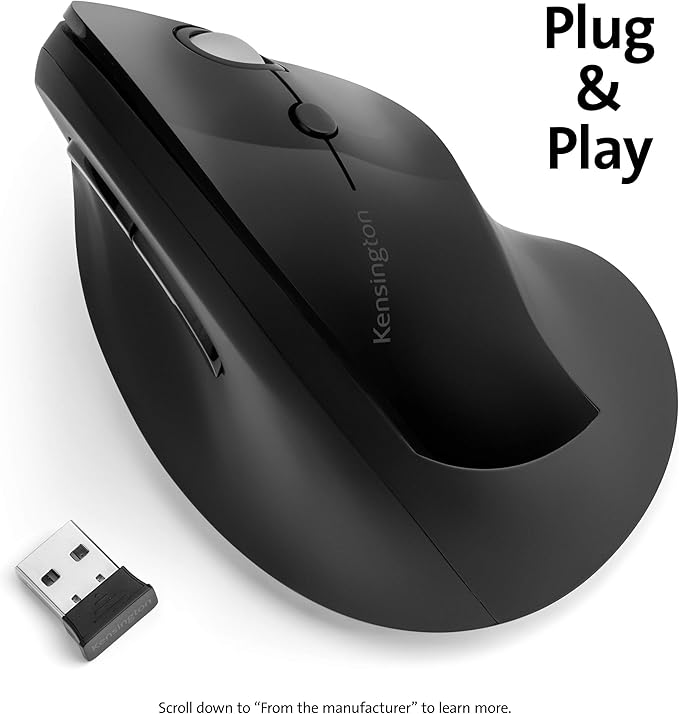 Kensington Pro Fit Ergo Vertical Wireless Mouse- Black (K75501WW) 2.8x3x4.4