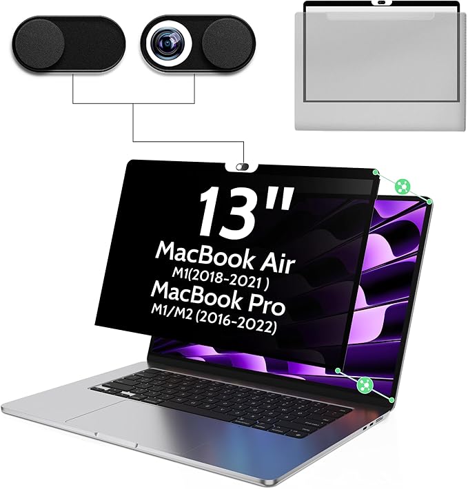 Privacy Screen for MacBook Air 13 Inch M1(2018-2021)&amp Mac Pro 13In M1/M2(2016-2022)Anti Blue Light Glare Filter Removable Bubble-Free Monitor Shield Black Laptop Film With Camera Cover