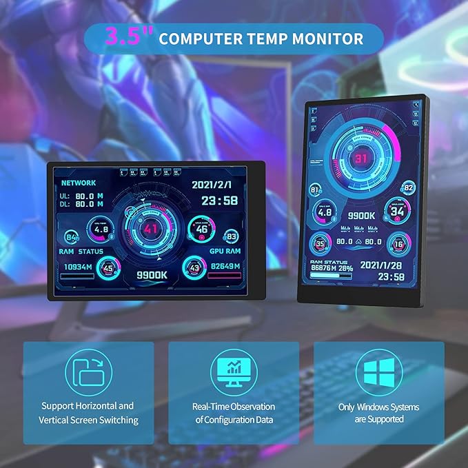 GOWENIC 3.5in Mini IPS Screen Portable USB C AIDA64 CPU RAM Data Monitor Computer Temperature Display PC Sensor Panel Display 360° Rotation Only Support for Windows System
