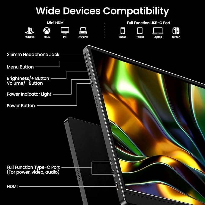 VILVA 17.3'' Portable Monitor 2.5K QHD 165Hz Gaming Display Ultra-Slim Metal Body Built-in Stand USB-C HDMI External Monitor for Laptop PC PS5 Xbox Switch
