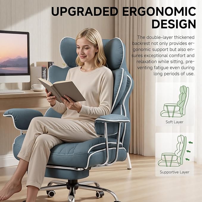 COMHOMA Big and Tall Gaming Chair with Pocket Spring Lumbar Support Ergonomic Office Chair with Footrest Executive Desk Chair with Outward Fixed Soft Armrests Computer Chair with High Back Blue