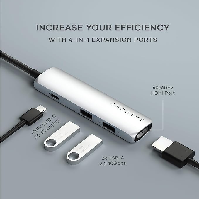Satechi 4 in 1 USB C Hub Multiport Adapter with HDMI 4K@60Hz 100W PD Charging 2X USB-A Data Ports for MacBook Air/Pro M5/M4 iPad Windows – Silver
