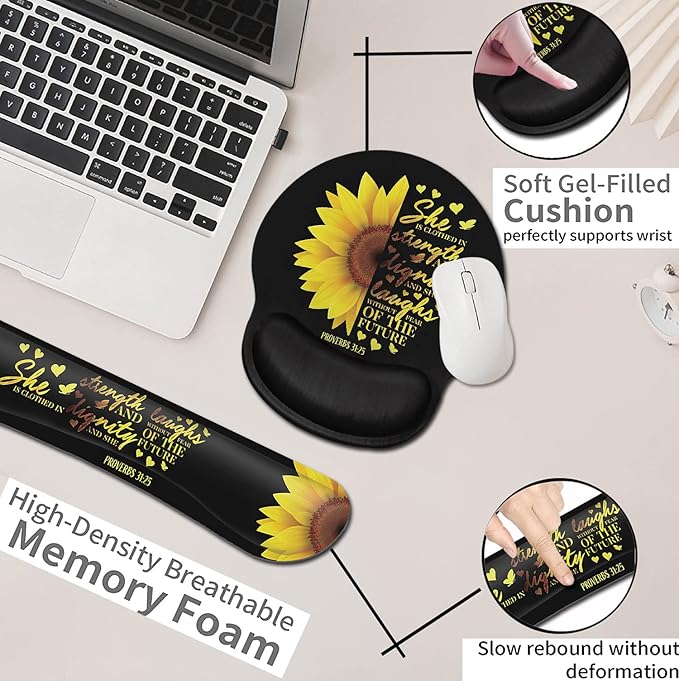 Mouse Pad Keyboard Wrist Rest Coaster Mouse Support SetSunflower Christian Bible Verse Black padErgonomic Memory Foam Mouse and Keyboard Pad Set for Laptop Computer Office Home Working Gaming