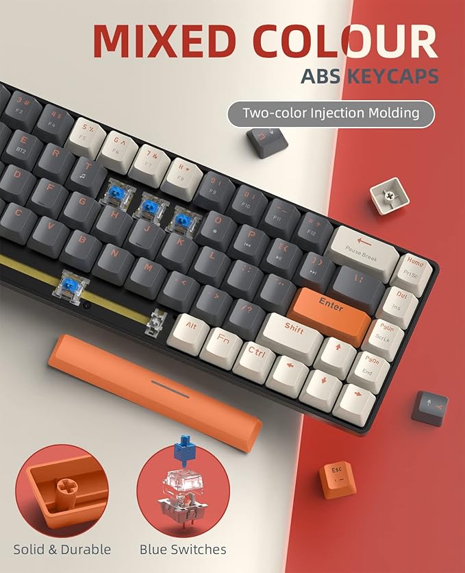 ZIYOU LANG RK68 60% Wireless Mechanical KeyboardBluetooth 5.0/2.4Ghz Dual Mode ReceiverHot-Swappable mini 68-KeyRetro Color KeycapsClicky Blue SwitchUltra Power Saving for PC PS4 Xbox iPhone ipad