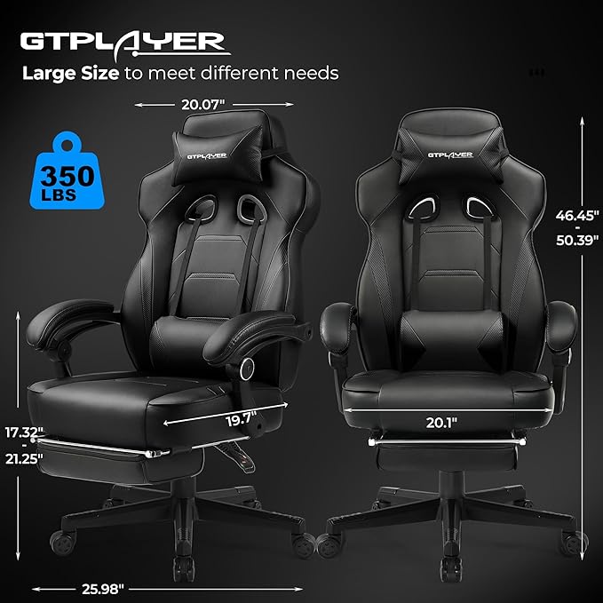 GTPLAYER Gaming Chair with Footrest Big and Tall Computer Game Chair 350lb Racing Style Ergonomic High Back Lumbar Support and Recliner Black