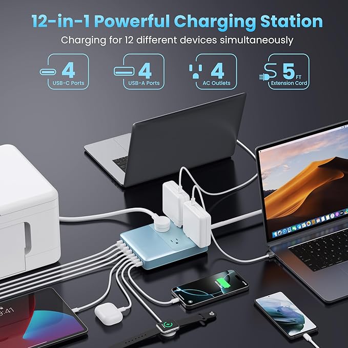 12-in-1 Charging Station USB C Power Strip with 5ft Cord200W GaN IV USB C Charger Block4 AC Outlets4 USB-A4 USB-C for MacBookiPhone 16/15/14Fast Charging Desktop Charger for Office (Light Blue)