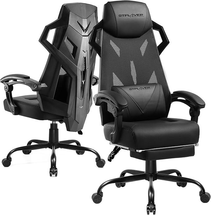 GTPLAYER Gaming Chair Computer Chair with Mesh Back Ergonomic Gaming Chair with Footrest Reclining Gamer Chair with Adjustable Headrest and Lumbar Support for Gaming and Office (Black)