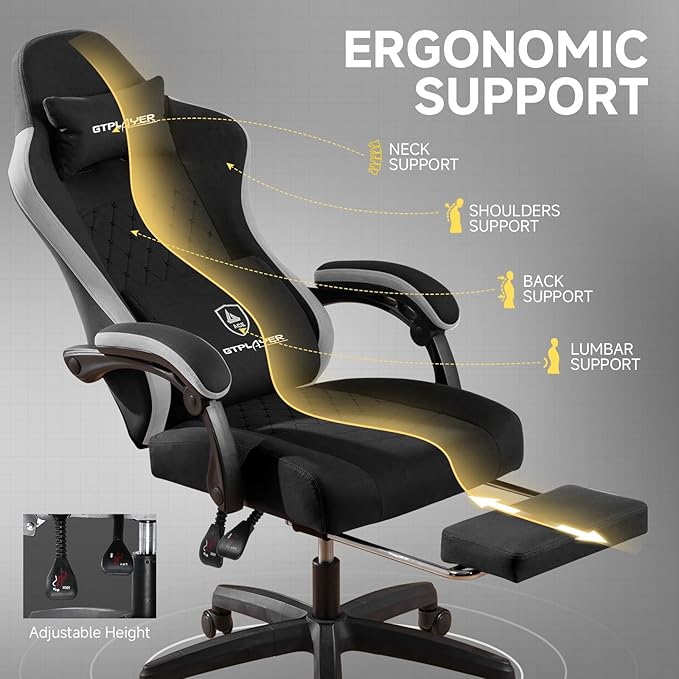 GTPLAYER Gaming Chair Fabric Computer Office Chair with Pocket Spring Cushion Ergonomic Office and Gaming Video Gaming Chair with Linkage Armrests High Back Desk Chair with Adjustable Recliner
