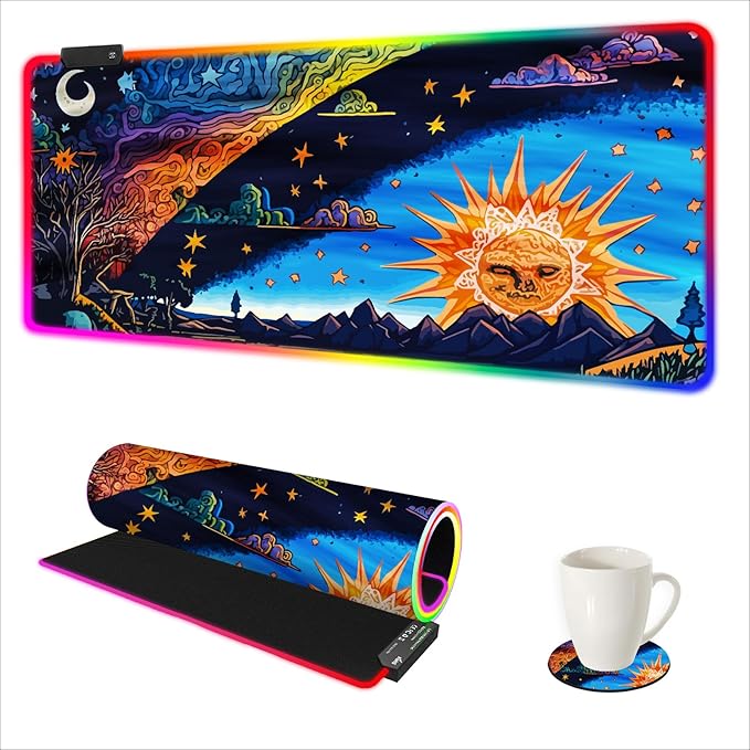 AIMSA Large Gaming Mouse Pad RGB Keyboard Led Mousepad Extended 35.4 x 15.8 inch Non-Slip Rubber Base with 14 Lighting Modes Desk Mat Abstract Sun