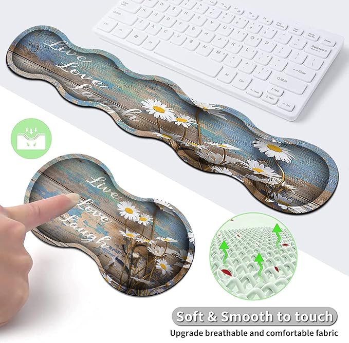 Mouse Pad Set Large Gaming Mouse Pad + Keyboard Wrist Rest Support + Mouse Wrist Rest Non-Slip Rubber Base 31.5 x 11.8 in Extended Desk Mat for Office Desktop Decoration White Daisy Flowers