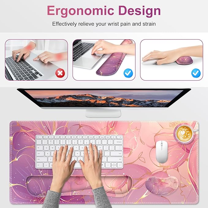 Desk Mat Pad Gaming Mouse Pad Wrist Support Set 4 in1 Non-Slip Large Mousepad + Ergonomic Keyboard Wrist Rest+Mouse Wrist Rest+Coaster for Home Office Computer I Pink Purple Gold Floral