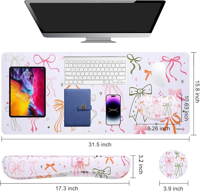 MEGREZ 4-in-1 Ergonomic Memory Foam Wrist Rest Set Desk Pad Mouse Pad with Wrist Rest Keyboard Pad Suitable for Office Workers Programmers &amp Gamers–Relieve Typing &amp Gaming Fatigue Bow