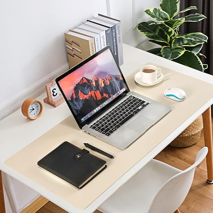 Leather Desk Pad BlotterWolaile 36x17 inch Big Keyboard Mouse PadWaterproof Non-Slip Writing Desk Computer Mat Desktop Protector for Office HomeIvory White