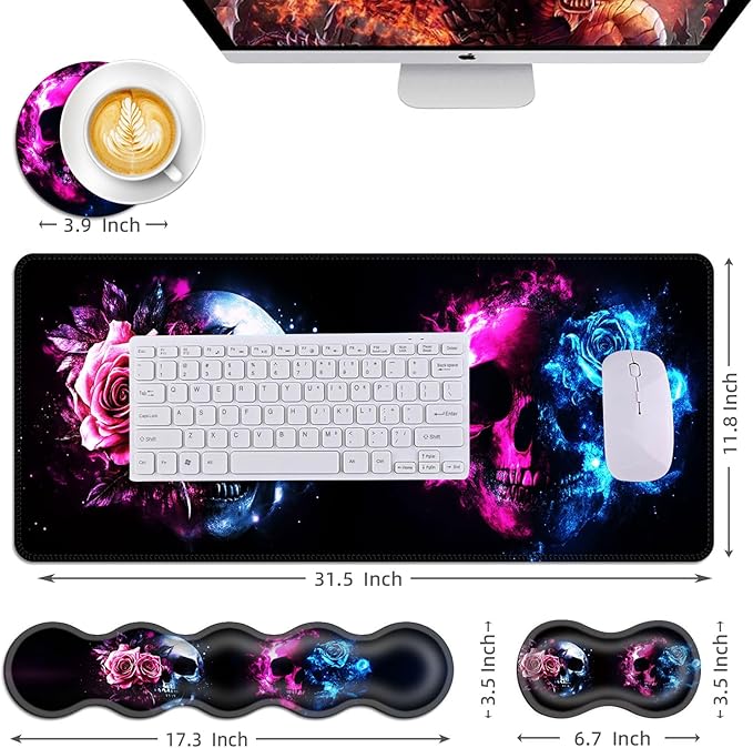 Mouse PadLarge Desk Mat Set 4in1 XL Mousepad + Keyboard Wrist Rest+Mouse Wrist Rest+Coaster with Ergonomic Desk Pad for Home Office Table Computer Cover -Neon Skulls with Roses