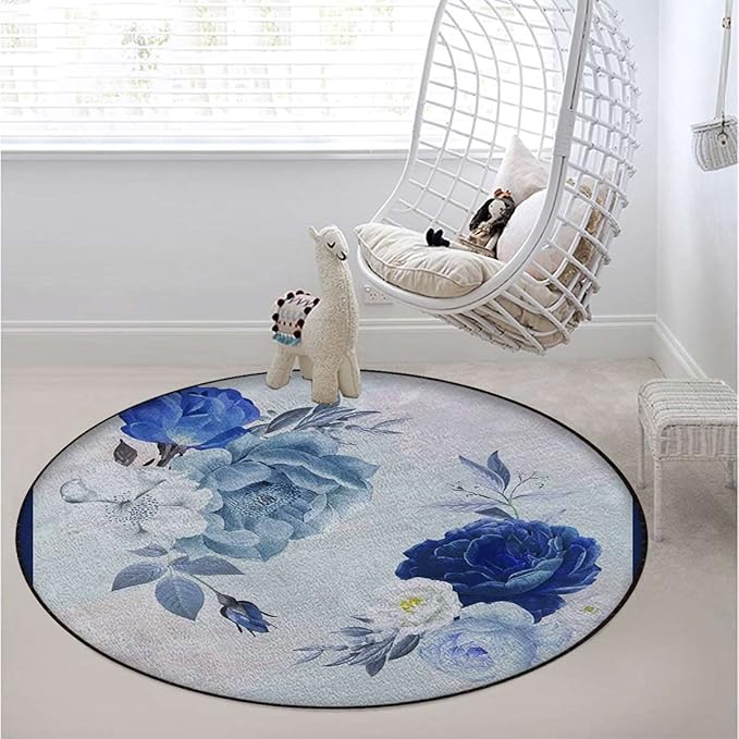 Romantic Flower Rugs Soft Non-Slip Indoor Outdoor Bedroom Home Decor Carpet Mat Yoga Mat Runner Rugs Doormat Round Rug Rustic Floral Design LavenderPale Blue Green Diameter 39.3 in