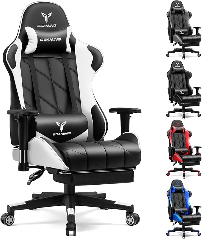 Gaming Chair with Footrest Ergonomic High-Back PU Leather Computer Chair with 3D Adjustable Armrests Headrest and Lumbar Support Office Desk Chair with Diamond Stitching for Adults &amp Teen
