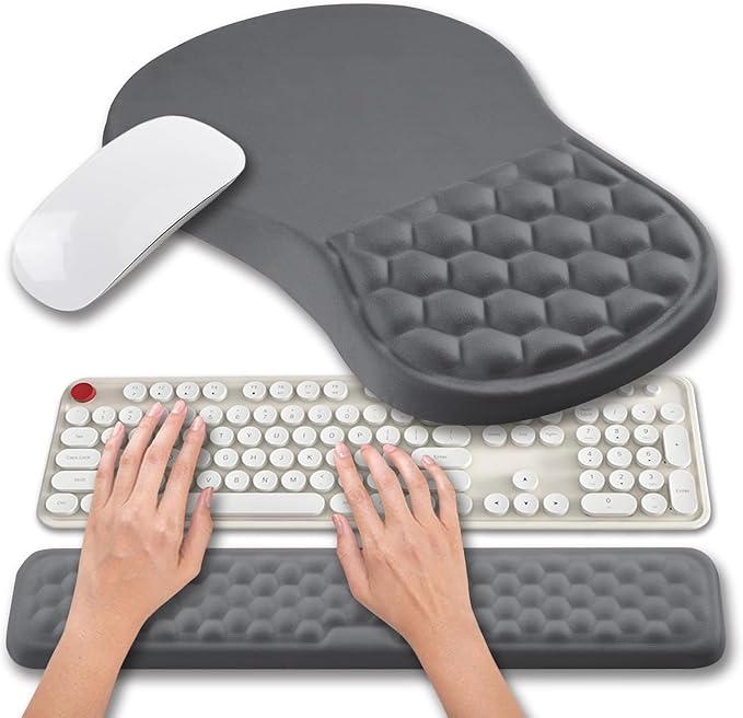 Hokafenle 2 in 1 Ergonomic Mouse Pad Wrist Support &amp Wrist Rest for Computer Keyboard Set with Relieve Carpal Tunnel Pain Massage Bulge and Full Memory Gel Design (2In1 Set Dark Gray)
