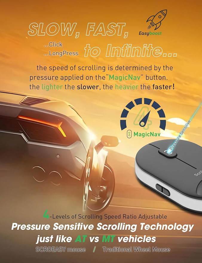 SCROEASY---The Mouse Revolution Simply Press to Scroll | Small &amp Slim | 4-Levels DPI | 4-L Scrolling Speed | Silent | Dual Bluetooth/2.4G/USB | Portable Wireless Mice for Notebook Laptop PC (Wh