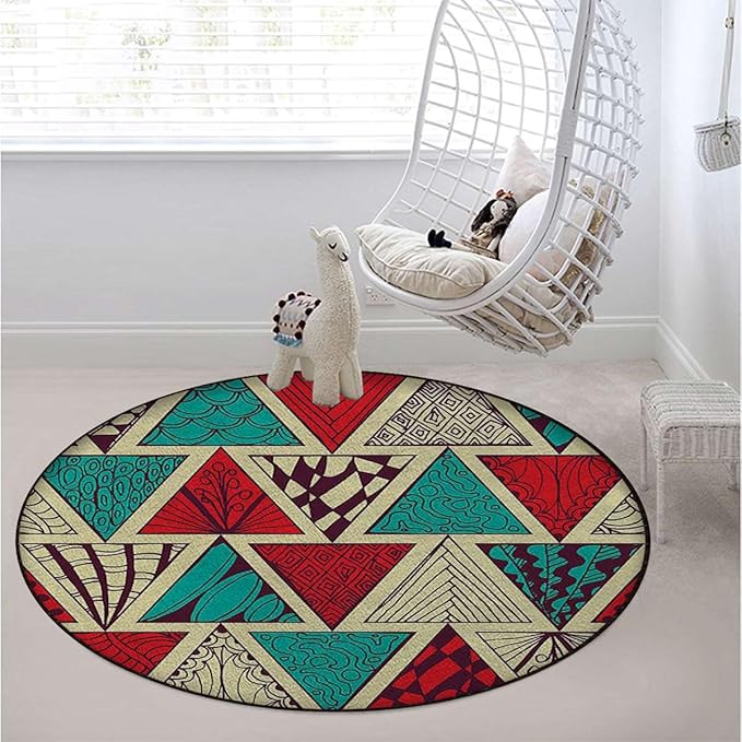 Multi Round mat Washable Desk Chair Mats Low-Pile Carpet for Rolling Chair Decorative Round Rug Multi-Purpose Floor Mat Geometric Diagonal Pieced Mosaic Tile Diameter 35.4 in