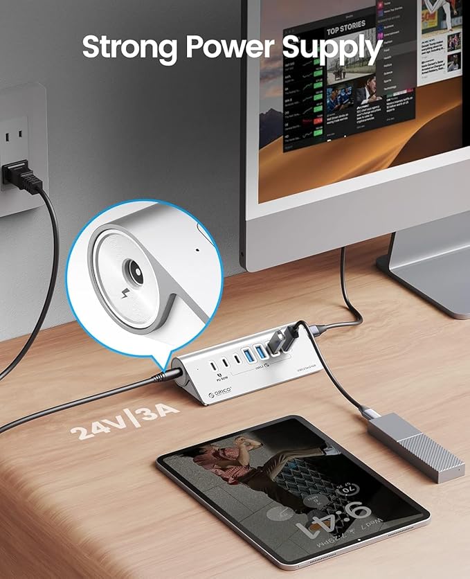 ORICO 7 Port USB Hub 10Gbps Aluminum USB 3.2 Gen 2 Hub 6 USB 3.2 Data Ports 1 PD 60W Ports 24V 3A Power Adapter 3.28Ft A to C Cable USB Data Hub for Laptop