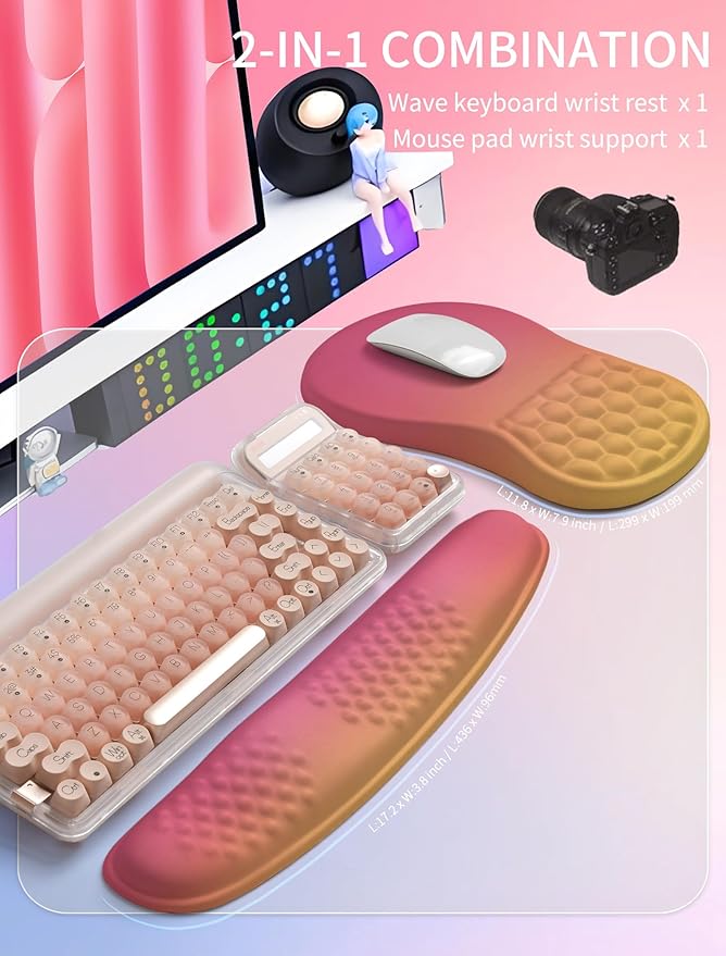 Hokafenle 2in1 Combination Wave Keyboard Wrist Rest and Ergonomic Curvature Mouse Pad Wrist Support for Relieve Wrist Pain Filled with Soft Cushion Memory Foam Sunset Glow
