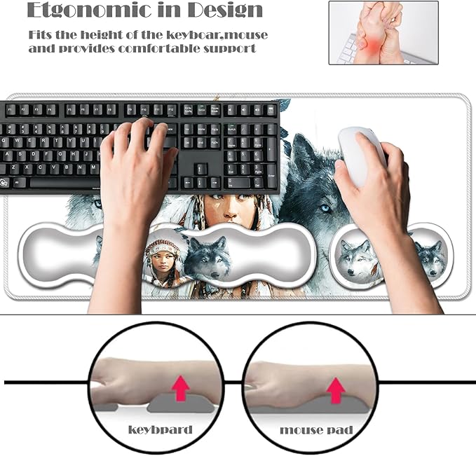 Ergonomic Keyboard Wrist Rest &amp Mouse Pad Wrist Rest SetXL Gaming Desk Mat 31.5x 11.8Non-Slip BaseMemory FoamEasy Typing Pain Relief for Office &amp HomeAmerican Wolf Woman