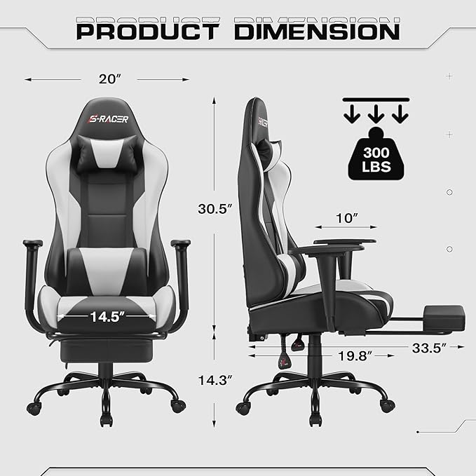 Homall Gaming Chairs Computer Chair with Footrest and Massage Lumbar Support Height Adjustable Game Chair with Headrest and Swivel Seat (White)