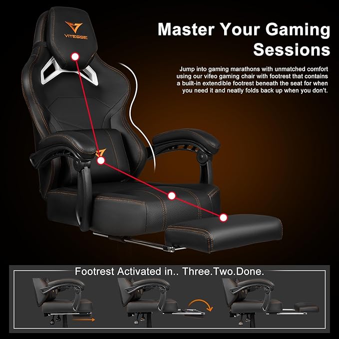 VITESSE Big and Tall Gaming Chair with FootrestErgonomic Video Gaming Chair with Oversized Headrest and Lumbar Support for Adults 400lb Weight CapacityComputer Chair for Office or Gaming (Orange)