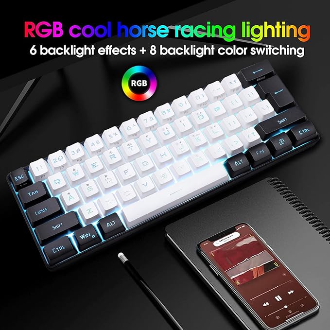 ZJchao Gaming Keyboard Mini RGB Keyboard LED Backlight 61 Keys Mechanical Feeling Wired Gaming Keyboard Keyboard Mechanical Keyboard with Type C Interface for Office Business (White)
