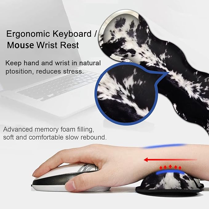 Desk Pad Keyboard Mouse Pad Set Extended Gaming Mouse Pad+ Ergonomics Memory Foam Wrist Rest Support 31.5x15.7in Large Mouse Pad with Stitched Edges Cute Black White Cowhide Fur XXL Mouse Mat