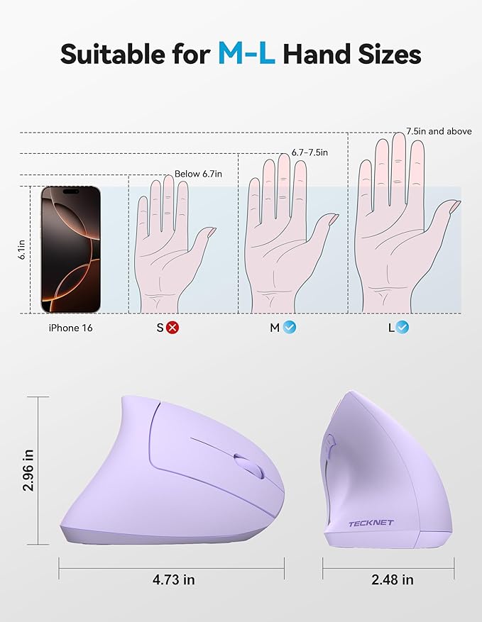 TECKNET Ergonomic Mouse Rechargeable 2.4G+Bluetooth Vertical Mice 6 DPI Adjustable Wireless Optical Carpal Tunnel Mouse Right Hand Multi Device for Laptop PC Computer MacBook - Light Purple